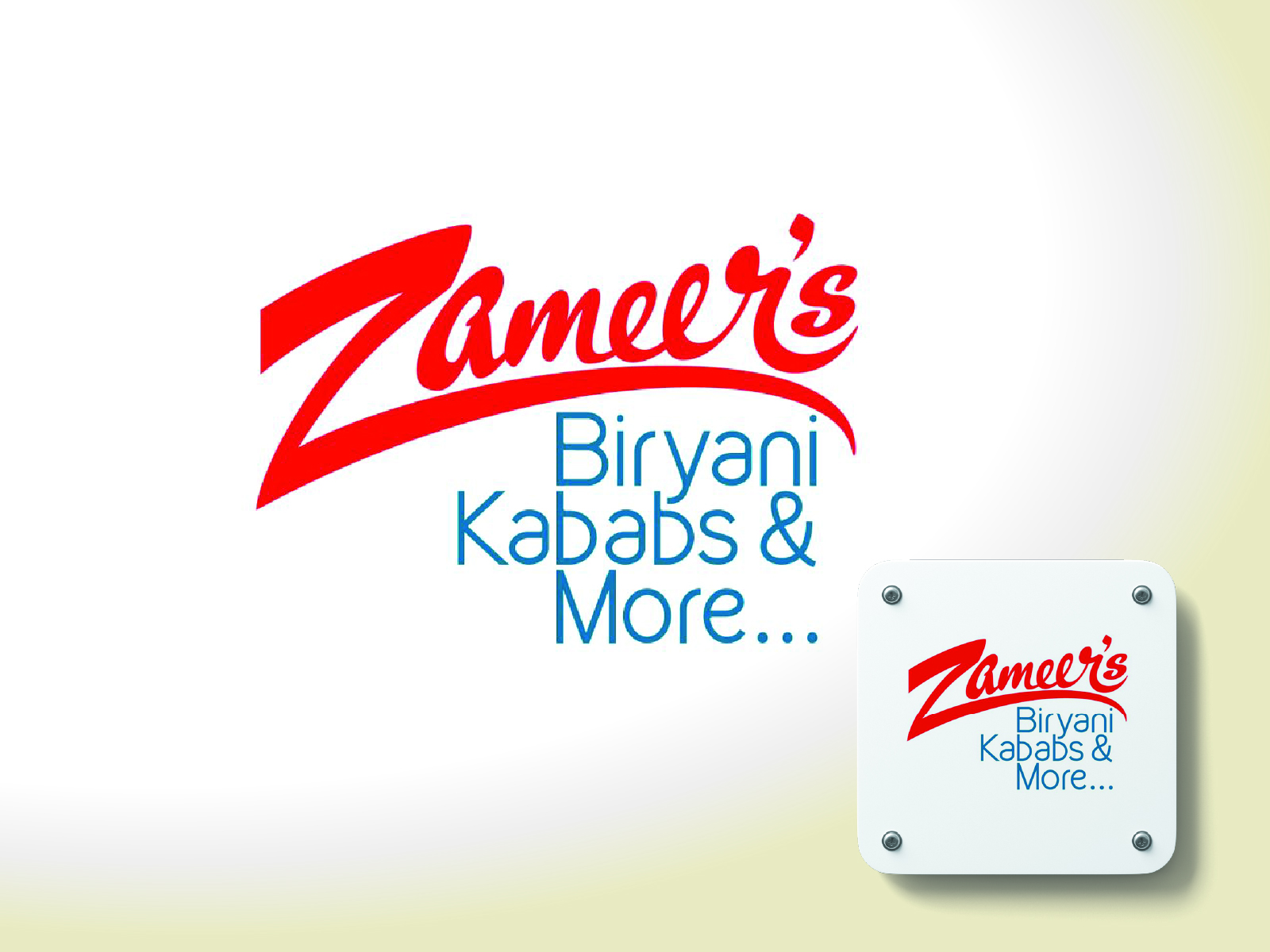 Traditional red calligraphy script emblem and warm culinary brand styling asset for gourmet hospitality outlet Zameer's Biryani.