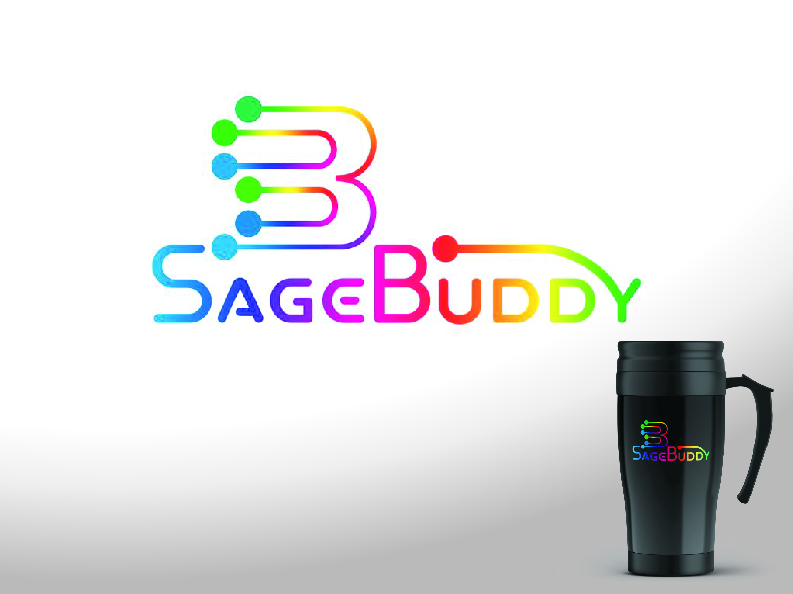 Creative interconnected node pattern tech logotype configuration in green and magenta for digital application SageBuddy.