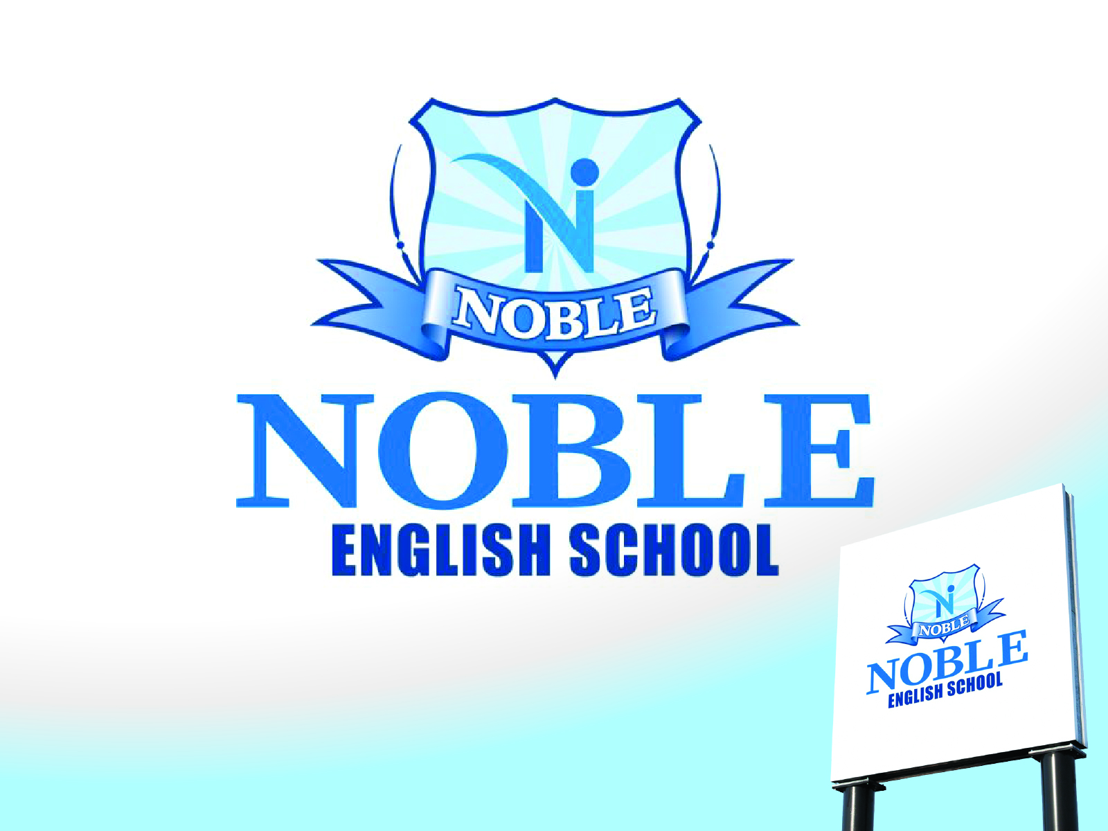 Classic blue shield heraldry crest vector graphic with clean banner typography for primary institution Noble English School.