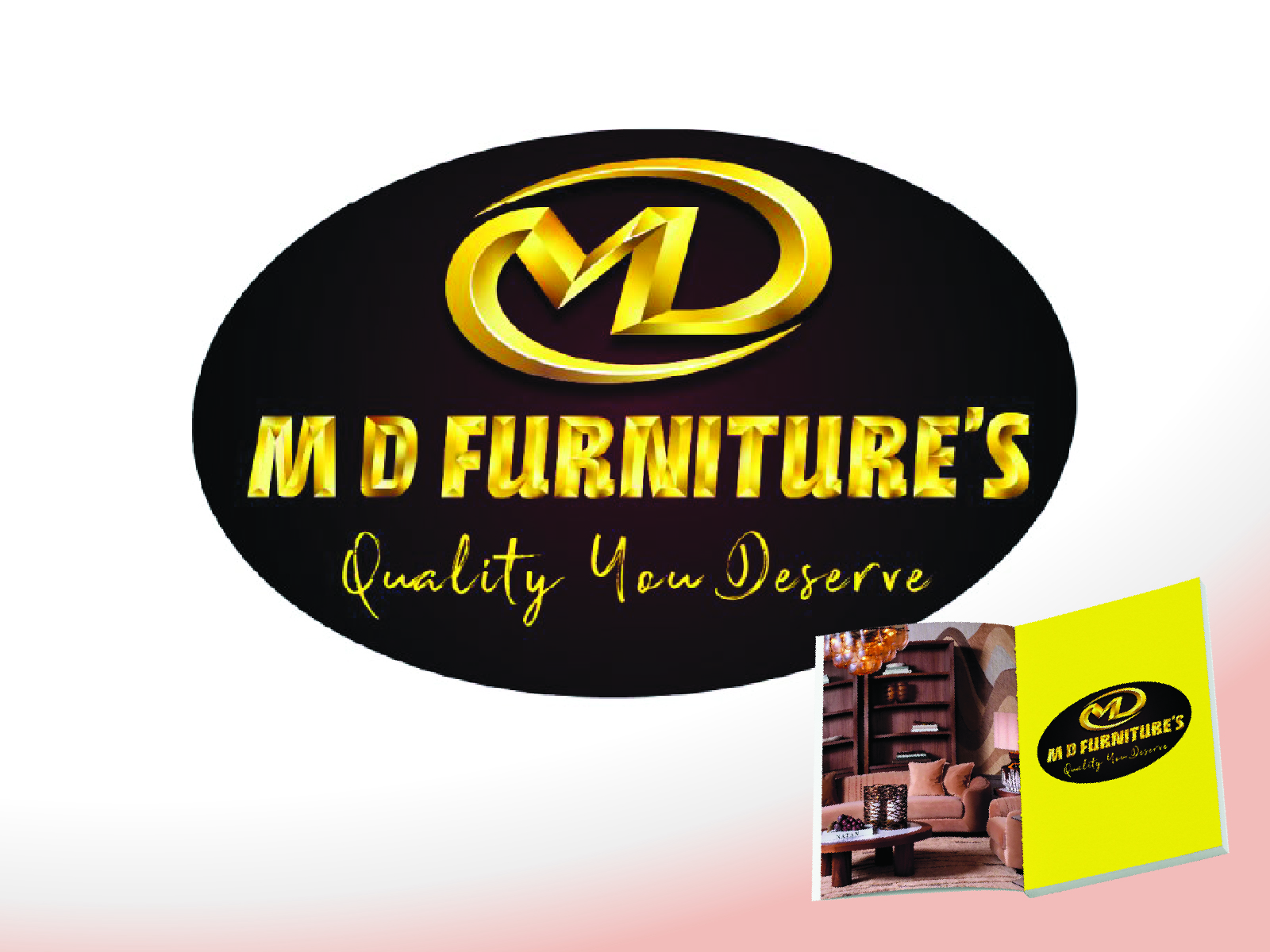 Elegant gold monogram script on dark oval backdrop layout for premium solid wood interior showroom M D Furniture's.