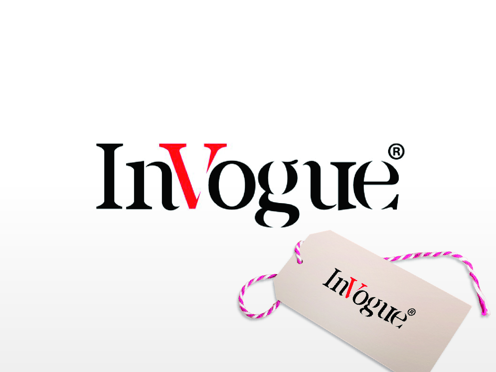 High-contrast luxury fashion serif typeface logo layout with clean geometric tag element for premium retail house InVogue.