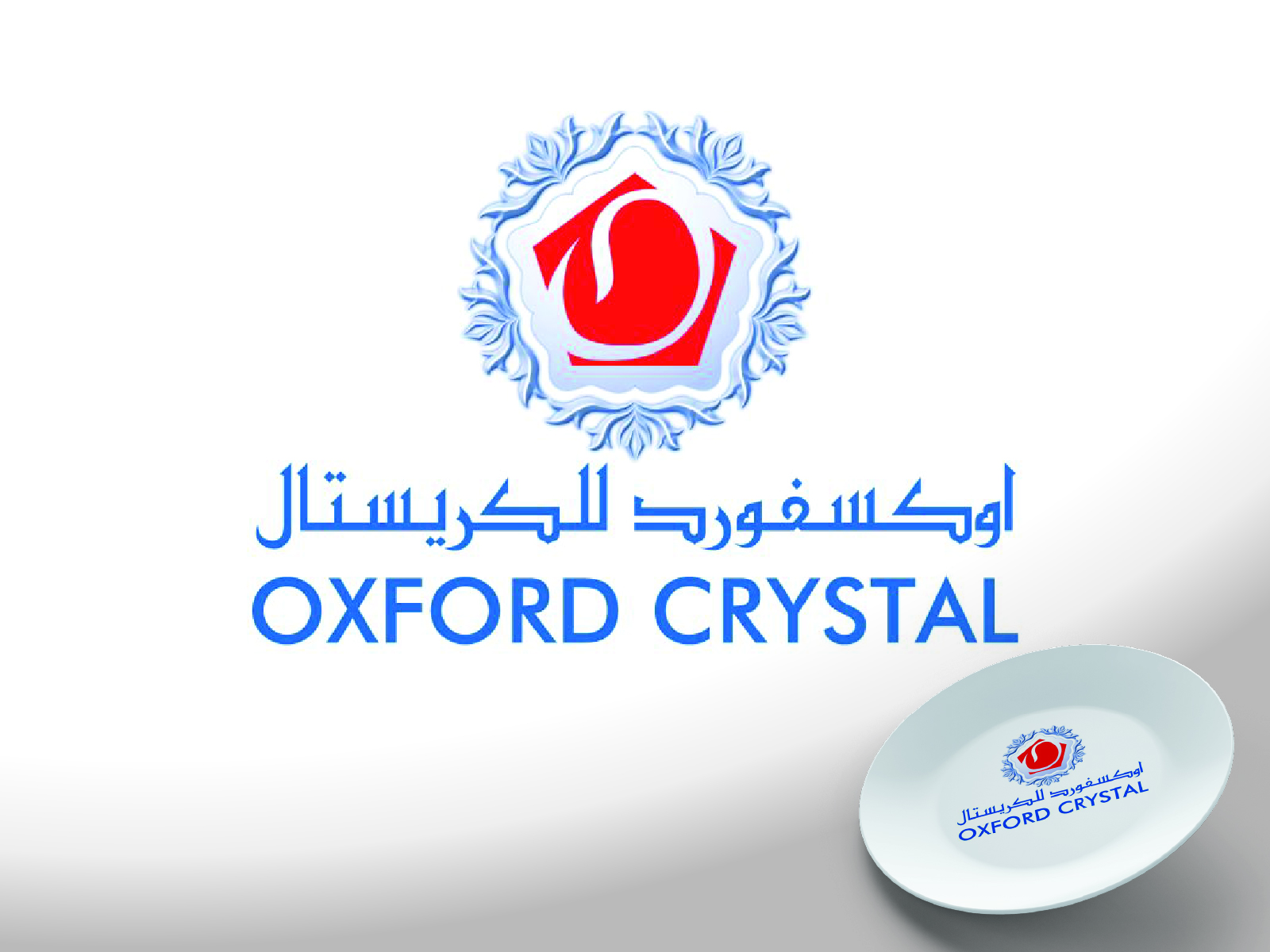 Red heraldic diamond emblem crest with elegant classic geometric line weights for premium supplier Oxford Crystal.