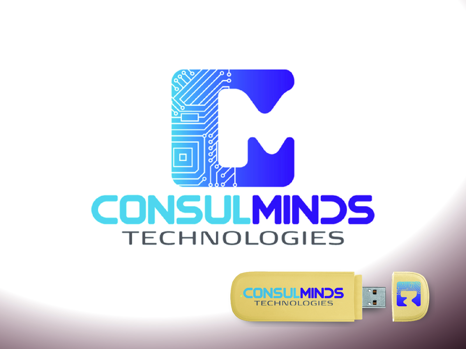 Dynamic purple geometric abstract gradient infinity loop lettermark for IT consultancy firm Consulminds Technologies.