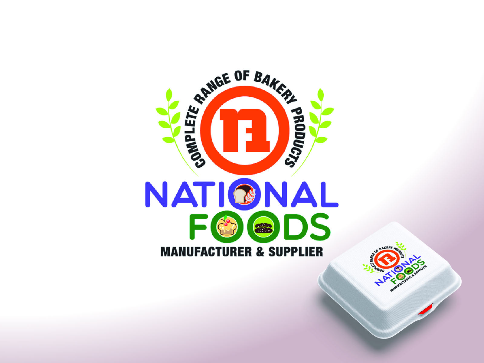 Circular agricultural seal illustration featuring green crops and red typography accents for processing company National Foods.