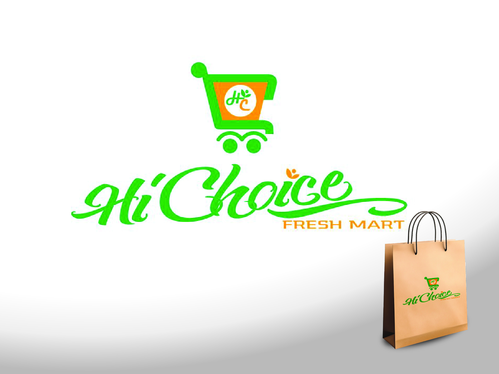 Friendly green dynamic shopping cart calligraphic logotype layout for hypermarket and retail outlet Hi Choice.