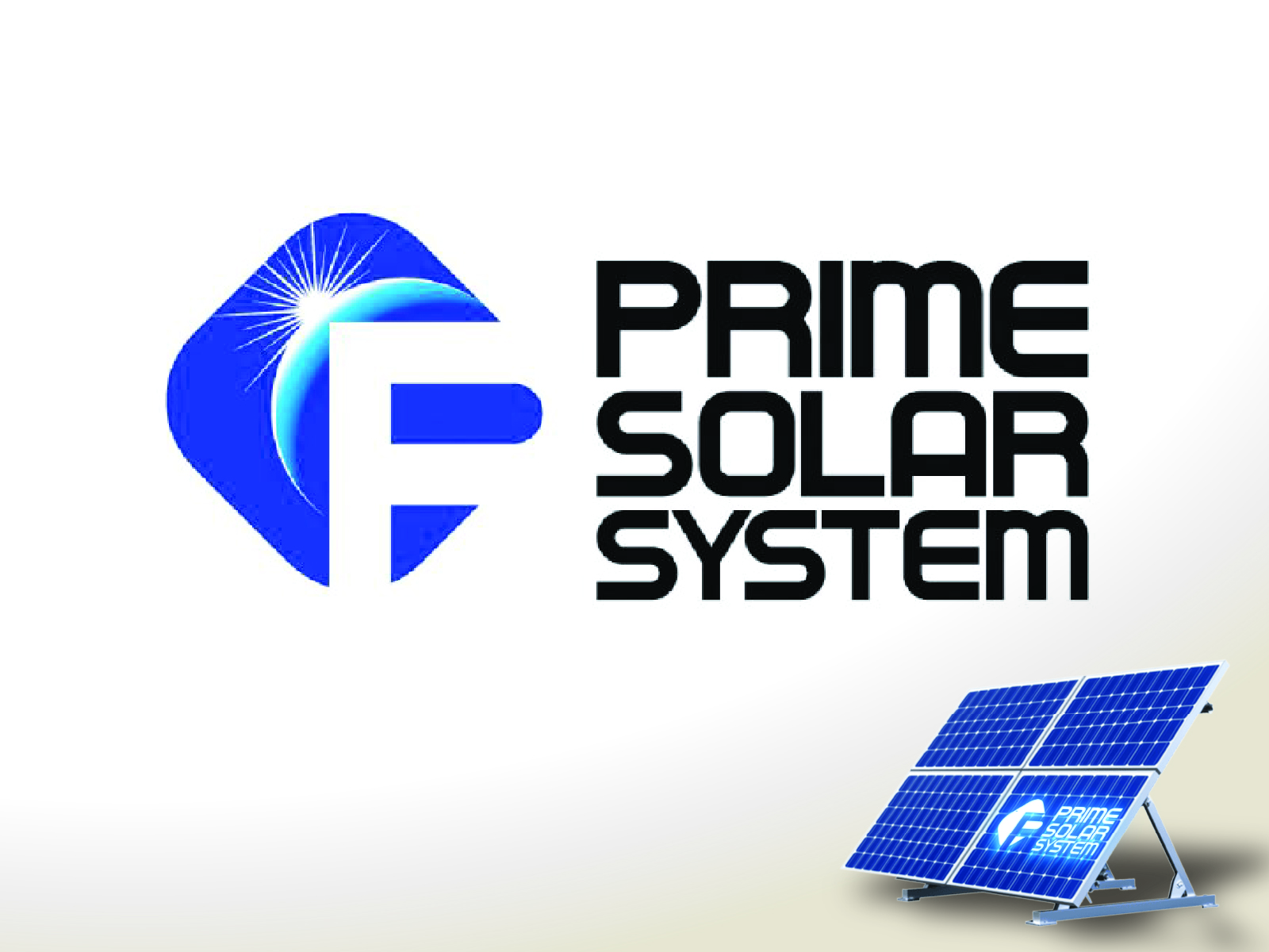 Minimalist geometric blue solar panel logo emblem with integrated typography for renewable energy provider Prime Solar System.