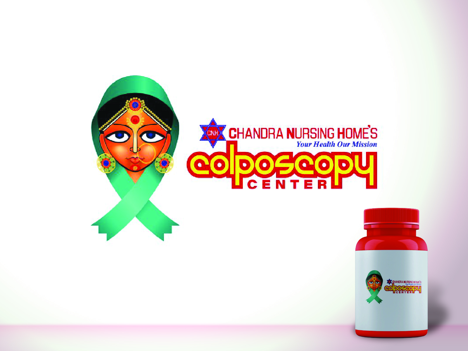 Specialized oncology healthcare logo combining a green and red cancer awareness ribbon with an Indian woman silhouette for Chandra Colposcopy Center.