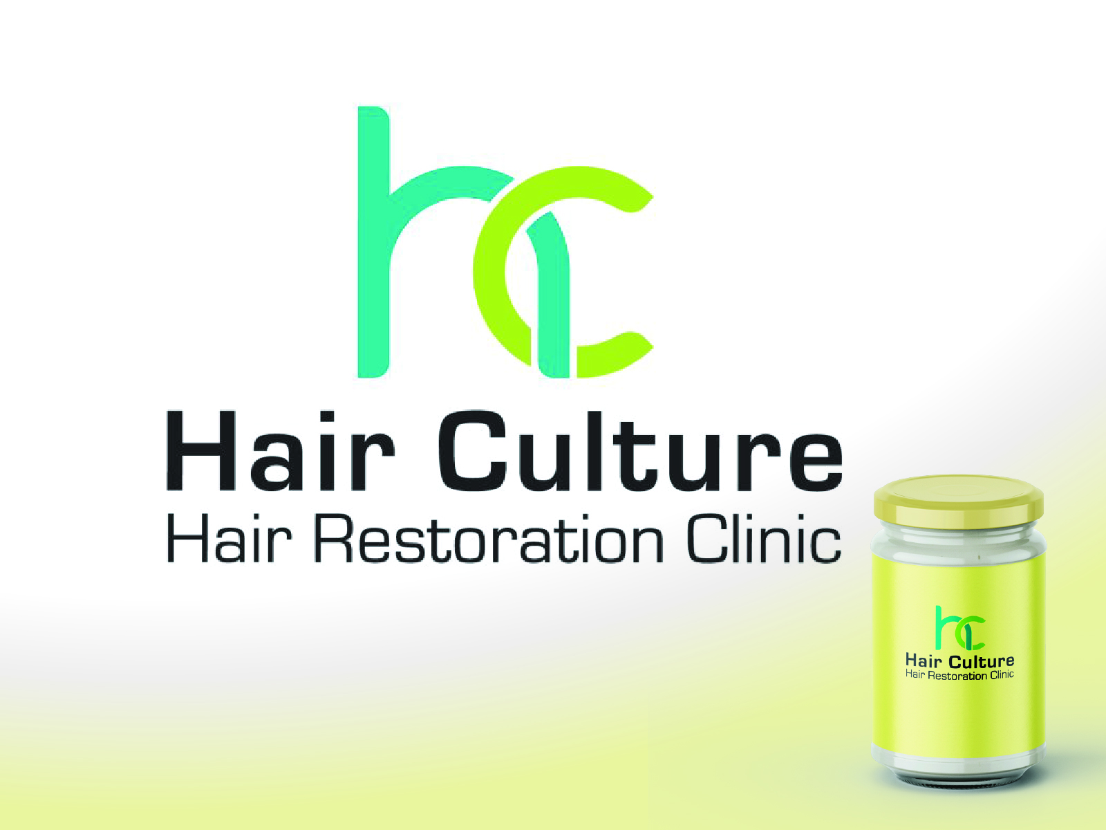 Clean modern green and blue line-art typography medical monogram logo for hair restoration facility Hair Culture Clinic.