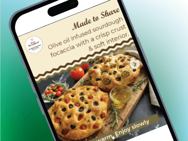 Bakery promotional social media graphic featuring baked products and branding