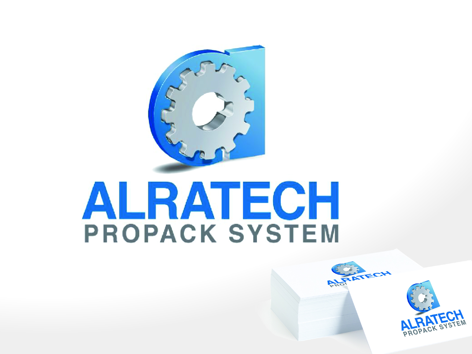 Mechanical gear gearwheel vector icon and technical blueprint layout typography for industrial automation brand Alratech Propack System.