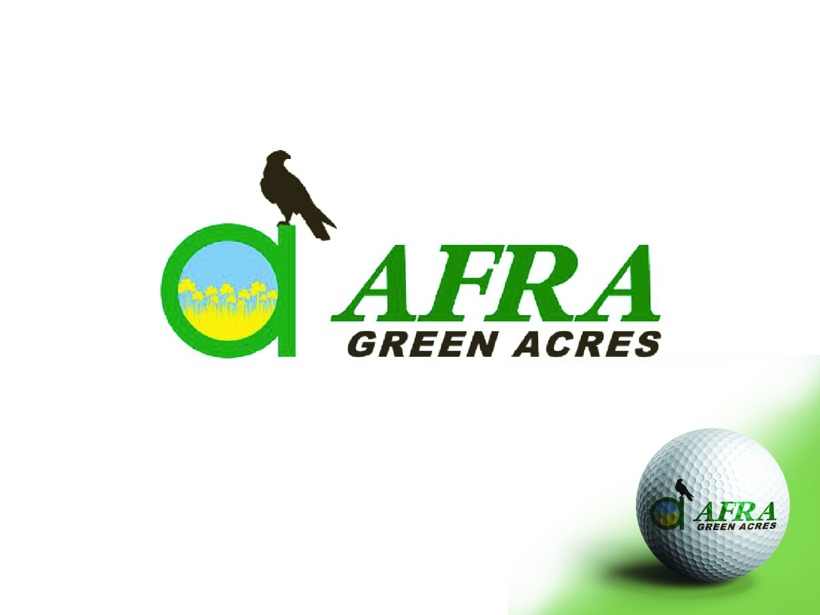 Premium real estate emblem featuring green foliage illustration and clean typography for luxury township developer Afra Green Acres.