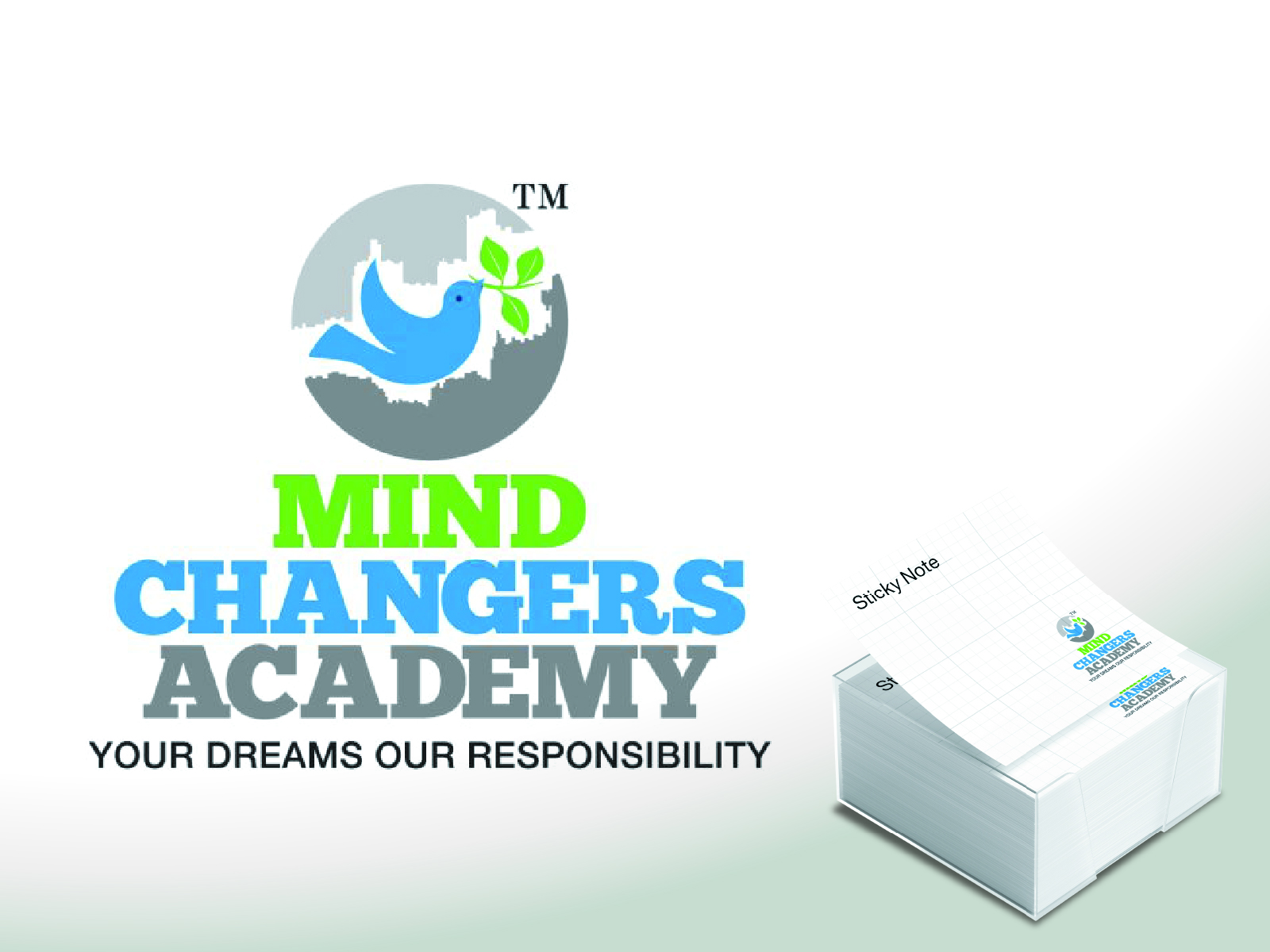 Blue and green circular human growth abstract icon with crisp sans-serif text for professional training center Mind Changers Academy.