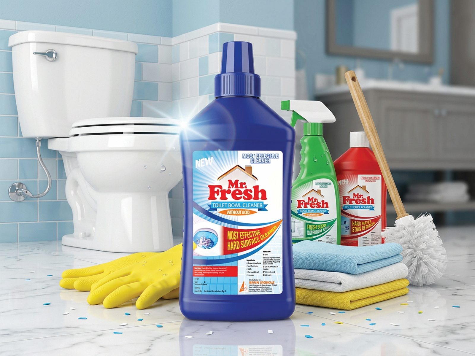 FMCG cleaning product label and bottle packaging design for Mr Fresh