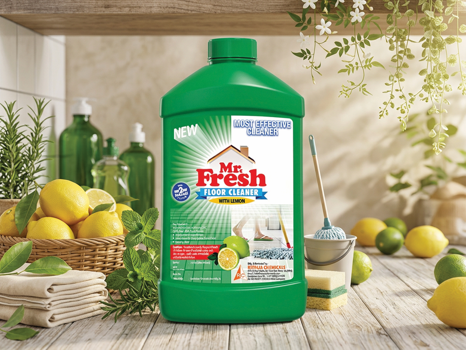 FMCG cleaning product label and bottle packaging design for Mr Fresh