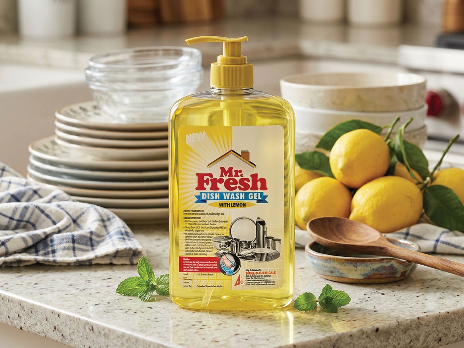 kitchen cleaner bottle label and packaging design for Mr Fresh