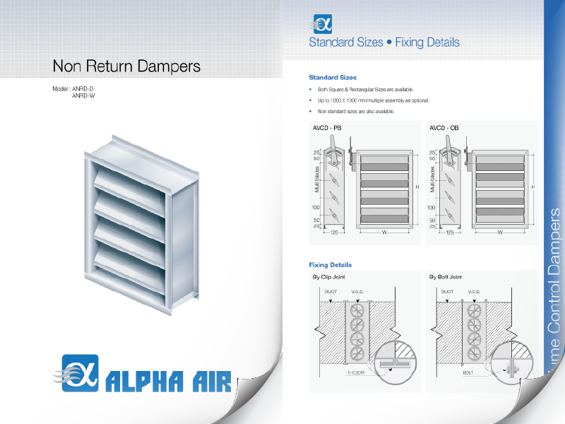 Return air damper product catalog page with specifications