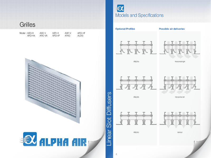 Ventilation grille product catalog with dimensions