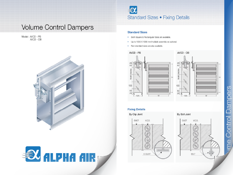 Volume control damper specification sheet
