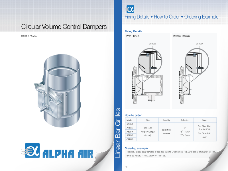 Technical schematic and product catalog layout for industrial volume control dampers by SMArts Graphics.