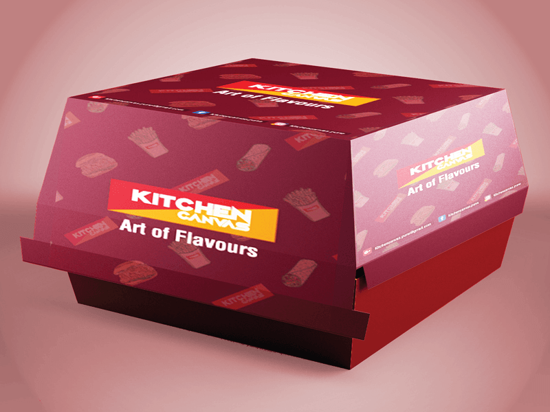Custom food packaging box design featuring branded graphics, product messaging, and takeaway packaging presentation