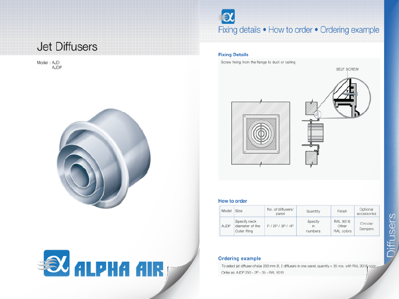 Air diffuser product sheet with dimensions and details