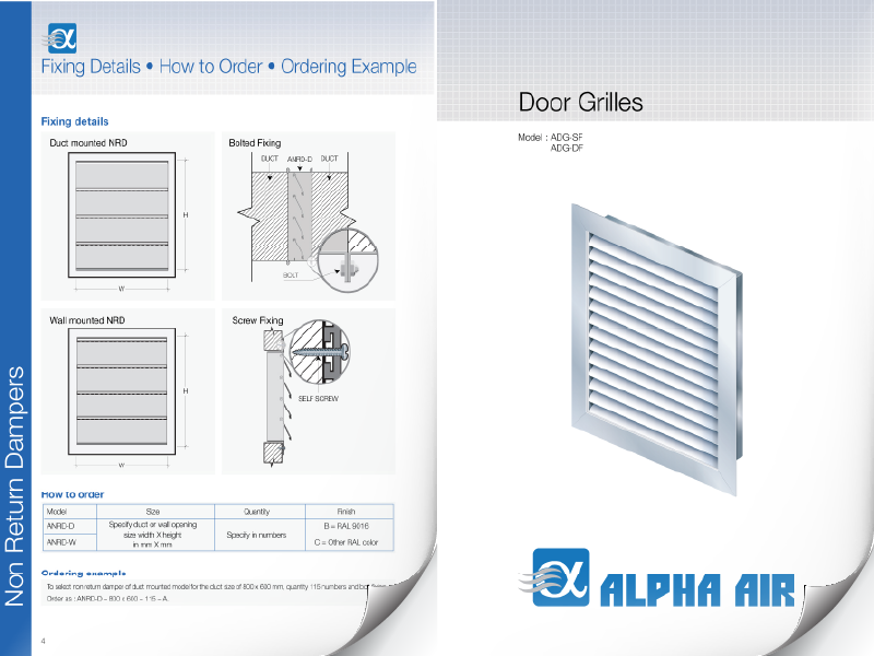 Door grille product catalog page with specifications