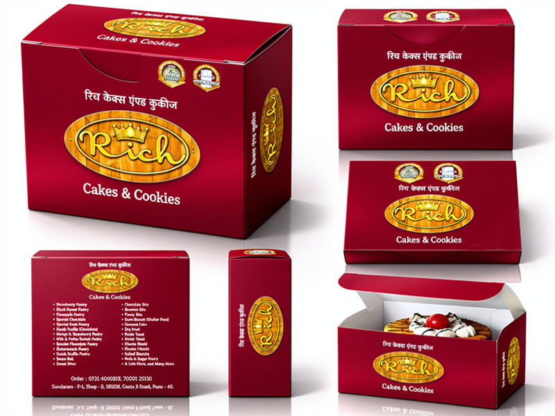 Branded bakery packaging box showing multiple product panels, nutritional details, and retail presentation