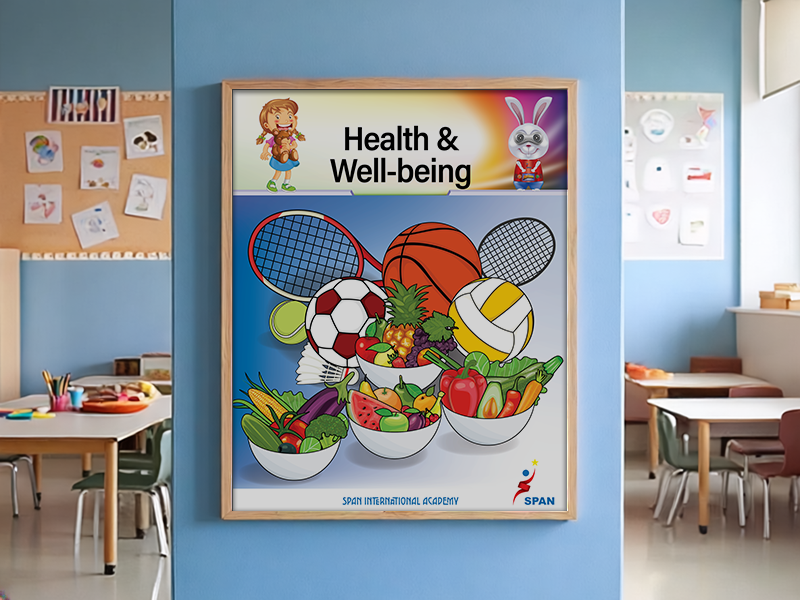 Children's health and wellbeing awareness poster displayed in classroom environment