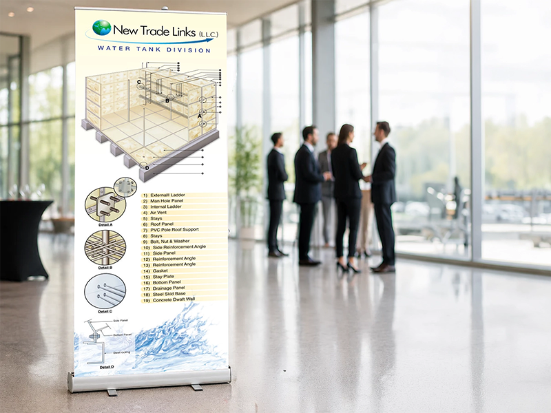 New Trade Link display banner featuring technical engineering illustration and presentation graphics