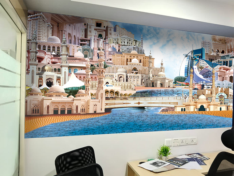 Interior wall mural featuring architectural collage and cityscape illustration artwork
