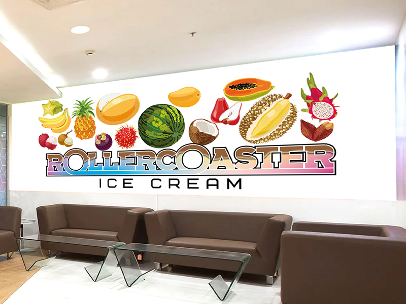 Ice cream themed wall branding graphic with colorful dessert illustrations