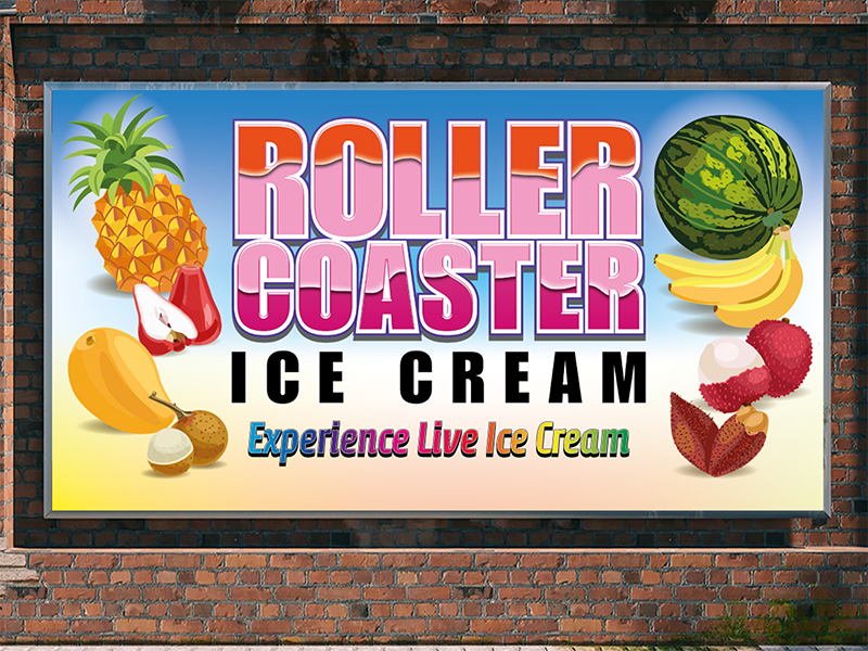 Ice cream advertising poster featuring vibrant typography and fruit illustrations