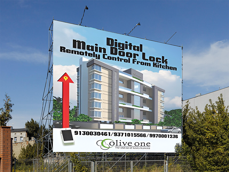 Large building-mounted billboard advertising apartments with upward growth graphic and residential imagery