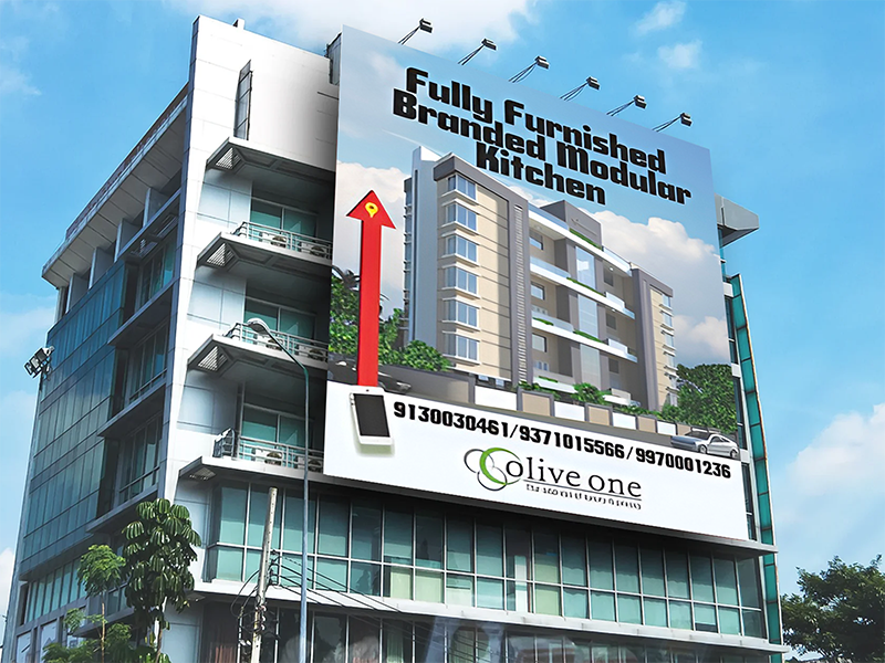 Building-mounted advertising display promoting commercial services