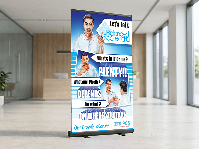 Corporate awareness standee explaining balanced scorecard concepts through illustrated employee characters and internal communication messaging