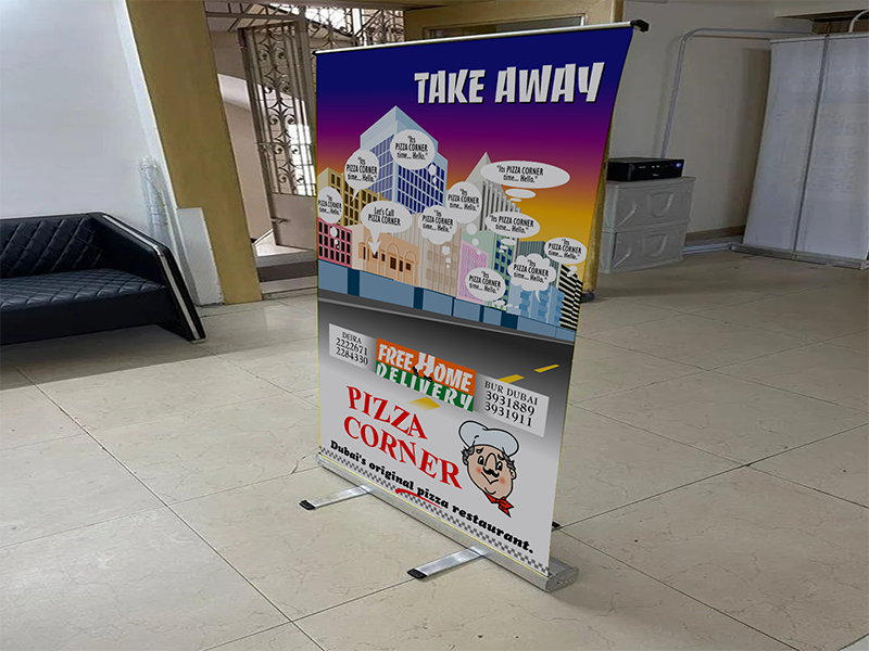 Restaurant takeaway standee featuring pizza meal offers, food illustrations, and promotional graphics