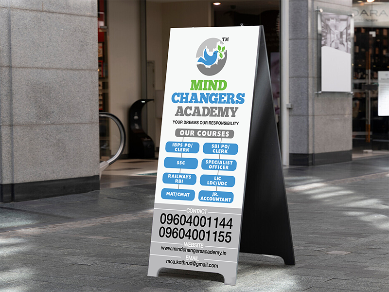 Academic institution standee featuring course and admission information