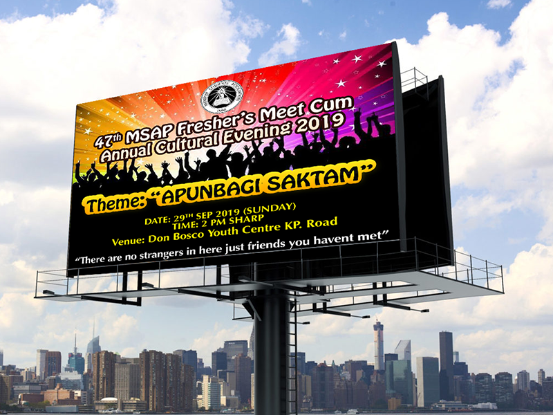 Large outdoor billboard promoting event and entertainment activities