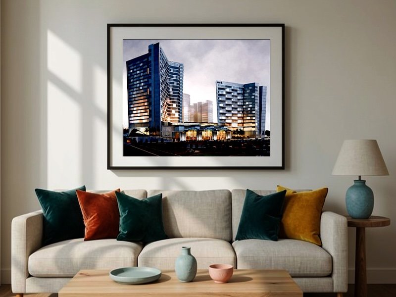 hand drawn Hilton Riyadh architectural perspective illustration