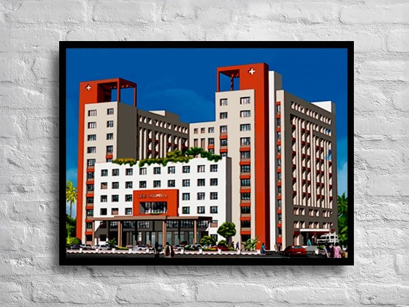 hand drawn architectural rendering of Lisie Hospital Kochi