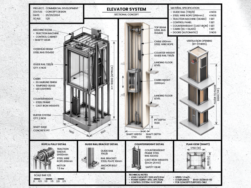 Elevator assembly drawing showing structural components
