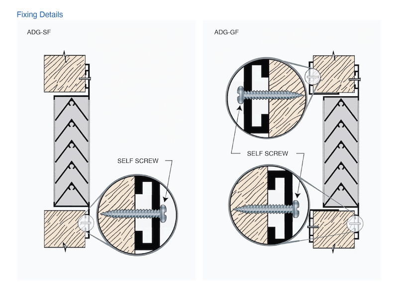 Wall-mounted grille fixing detail with sectional engineering views