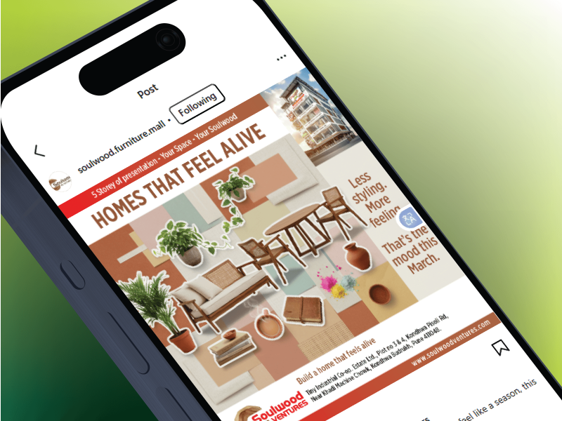Furniture promotion and interior design social media graphic displayed on smartphone