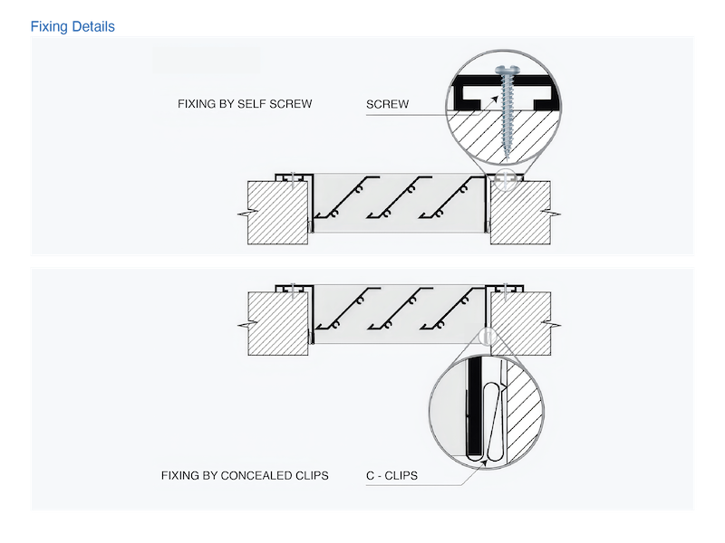 Engineering drawing showing linear grille fixing methods and mounting details