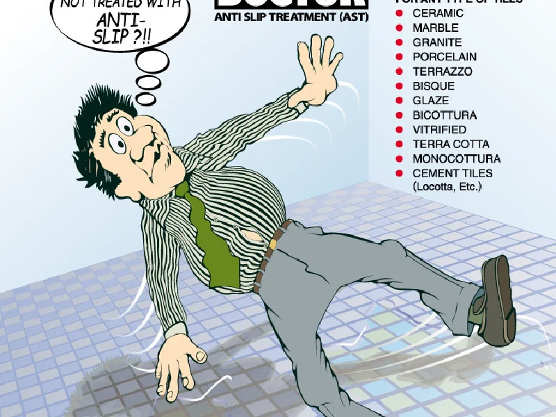 Advertising illustration promoting non-slip floor tiles and slip prevention