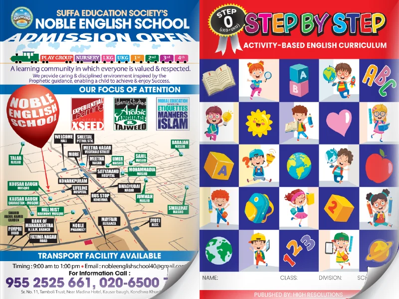 Educational school flyer layout with custom transport route map and a 340-page kids activity textbook cover design.