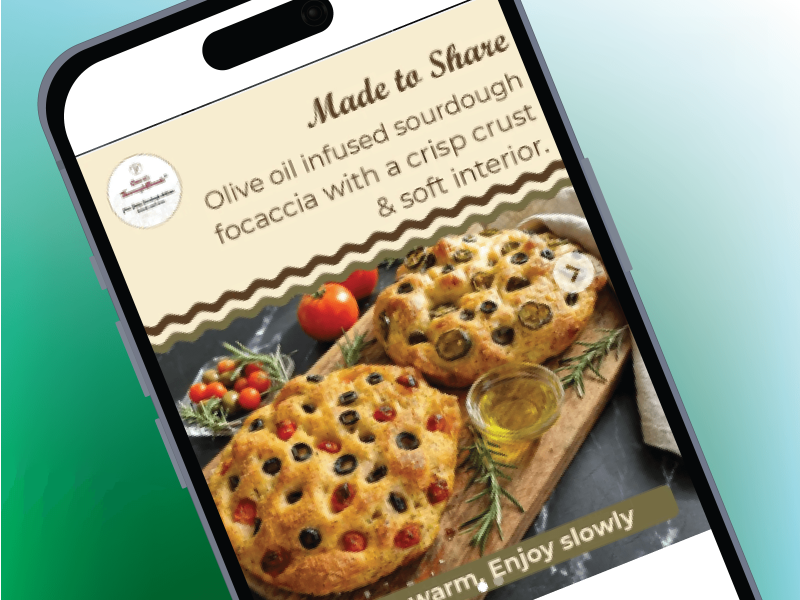 Bakery promotional social media graphic featuring baked products and branding
