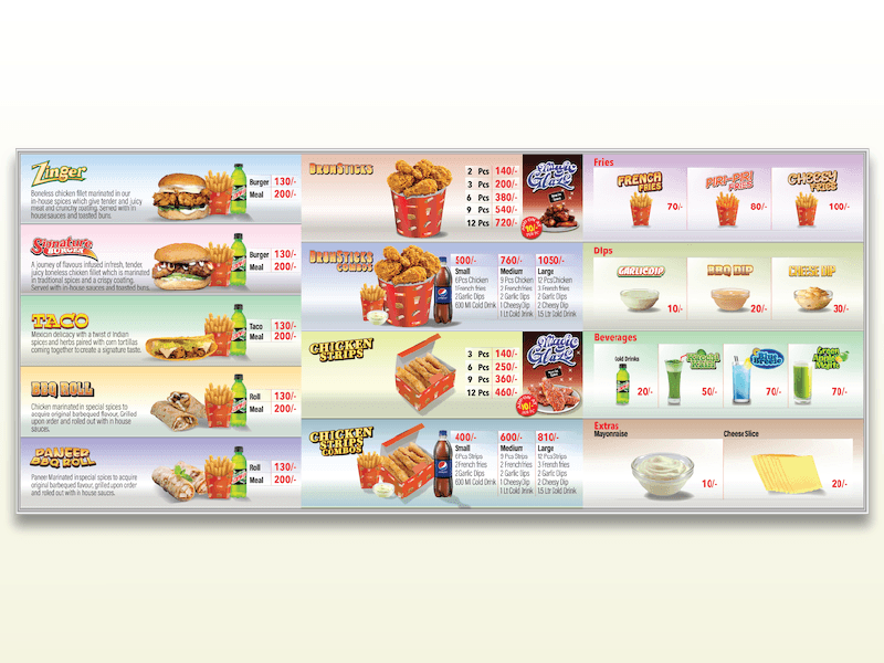 Restaurant menu board featuring food photography, pricing information, and promotional meal combinations