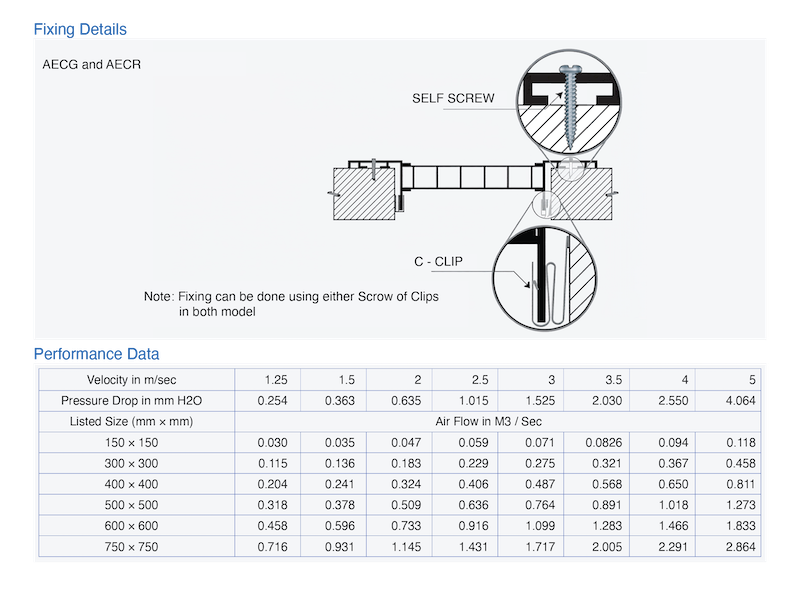 HVAC grille specification drawing with fixing details and airflow performance table