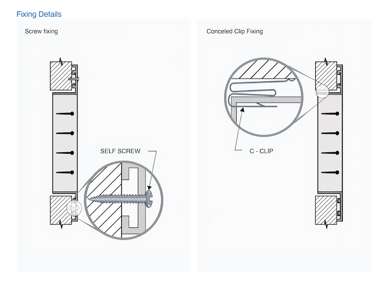 Engineering drawing showing screw fixing and concealed clip fixing methods for linear grilles